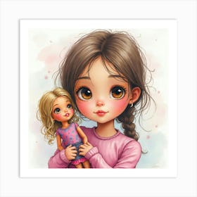 Cute Little Girl And Doll Art Print