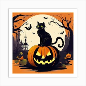 Halloween Black Cat On Pumpkin Art Print