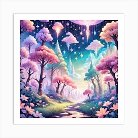 A Fantasy Forest With Twinkling Stars In Pastel Tone Square Composition 157 Art Print