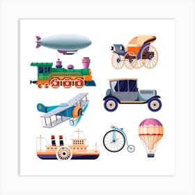 Retro Means Of Transport Train And Air Balloon Art Print