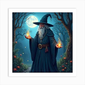 A Mysterious Wizard Casting Spells In A Moonlit Enchanted Garden Art Print