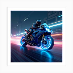 Super Bike With Neon Blue Highlights And Glowing Wheels Racing Fast 1 Art Print