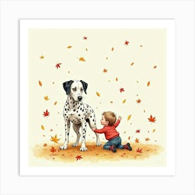 Watercolor Of A Dalmatian And Child Playing In The Fall Leaves 1 Art Print