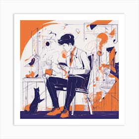 Drew Illustration Of Boy On Chair In Bright Colors, Vector Ilustracije, In The Style Of Dark Navy An (2) Art Print
