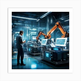 Cyber Industrial Interface Showcasing A Factory Manager Overseeing A High Tech Manufacturing Floor (4) Art Print