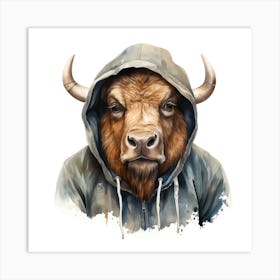 Watercolour Cartoon Bison In A Hoodie 1 Art Print