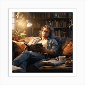 Man Reading In The Living Room Art Print