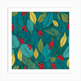 Seamless Pattern With Red Berries And Leaves 1 Art Print