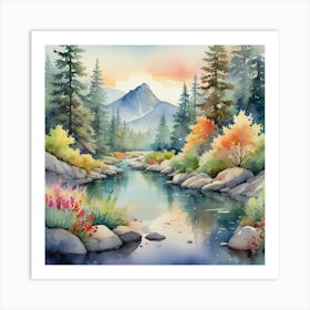 Watercolor Of A River Painting Art Print