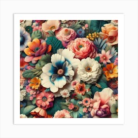 Vibrant Floral Collage Featuring Oversized Blossoms And Foliage, Style Mixed Media Collage Art Print