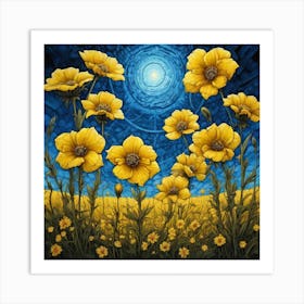 Yellow Flowers In Field With Blue Sky Centered Symmetry Painted Intricate Volumetric Lighting (6) Art Print