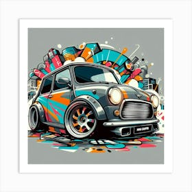 Cartoonish, stylized illustration of a Mini, vehicle Art Print