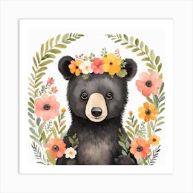 Floral Baby Black Bear Nursery Illustration (17) Art Print