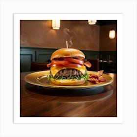 A Hot Mouth Watering Burger With Smoke Art Print