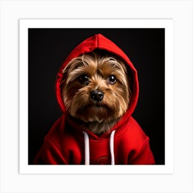 A Yorkie Wearing a Red Hooded sweatshirt Art Print