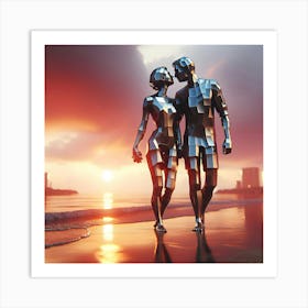 Couple Walking On The Beach Art Print