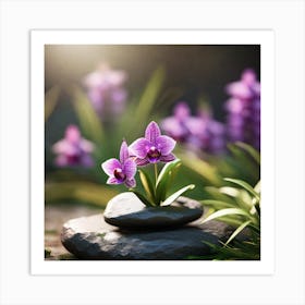 Purple Orchids On Rocks Art Print