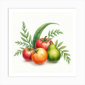 Sophisticated Watercolor Artwork Of Vibrant Fruits And Veggies In An Elegant Display 1 Art Print