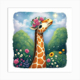 Dreamy Giraffe With A Mane Of Roses And Daisies, Reaching For The Stars In A Magical Garden 1 Art Print