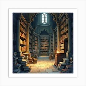 Ancient Enchanted Library With Glowing Books, Watercolor 1 Art Print