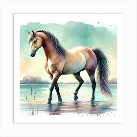 A graceful horse standing by a lake in watercolor painting art Art Print