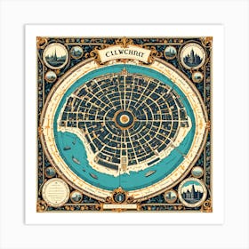 A Vintage Map, Of A Historic City With Ornate Borders And Labels art print 11 Art Print