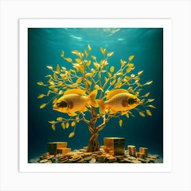 Gold Fishes On A Tree Art Print