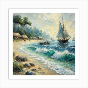 Sailboats On The Beach, Acrylic Painting Style Art Print