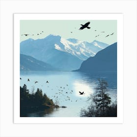 Birds Flying Over Lake Art Print