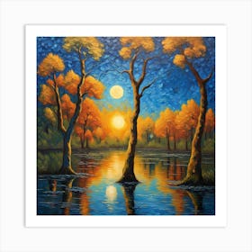 Twilight Harmony: Dual Orbs Over Golden Grove Reflections wall art Art Print