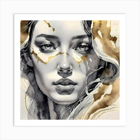 Study Of A Womans Face Black White And Gold Art Print
