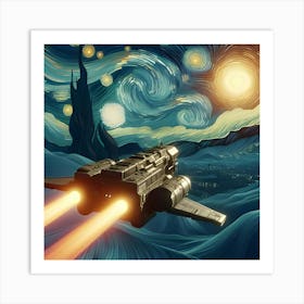 A 3d Rendering Of A Spaceship Traveling Through Space With A Van Gogh Style And A Clear Foreground And Background 3 Art Print