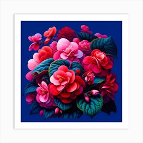 "Midnight Bloom"  A vibrant burst of crimson and pink camellias comes to life against an enigmatic midnight blue background, their petals and leaves rendered with hyper-realistic detail that captures the essence of nature's perfection.  This piece offers a visual feast of color and contrast, where the timeless beauty of blooming camellias symbolizes both passion and gentleness, an ideal accent to elevate the energy and aesthetic of any living space. Art Print