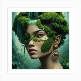 A captivating and surreal illustration of a woman's face harmoniously merged with a lush, serene forest. The dense foliage forms a canopy, gently cascading over her head like a green waterfall. The woman's features, including her lips, nose, and part of her eyes, are vividly depicted, while the rest of her face is enveloped by the forest, leaving an air of mystery. Her ear is adorned with a striking, colorful earring that contrasts with the natural setting. The atmosphere of this artistic masterpiece is tranquil and mystical, evoking a profound connection between nature and humanity. The vibrant colors, wildlife, and hints of fashion in the illustration make it a truly cinematic and visually stunning piece., cinematic, vibrant, fashion, photo, wildlife photography, illustration Art Print