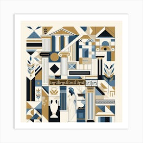 White, Blue, and Gold: A Geometric and Stylish Collage Inspired by Greece Art Print