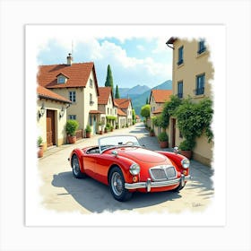 Classic Roadster In Front Of A Charming Village, Watercolor Painting 1 Art Print