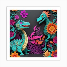 Dragons And Flowers Art Print