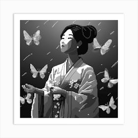 Japanese Woman In Kimono Pixel Art Print