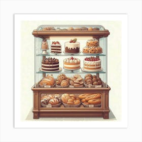 A digital painting of a bakery display case filled with delicious pastries, cakes, cookies, and breads. The case is made of wood and glass, and the background is a light cream color. The bakery case is filled with a variety of baked goods, including cakes, cupcakes, cookies, and pastries. The cakes are decorated with frosting, sprinkles, and fruit. The cupcakes are topped with frosting and sprinkles. The cookies are in a variety of shapes and sizes. The pastries are flaky and golden brown. The bakery case is a mouthwatering display of delicious baked goods. Art Print