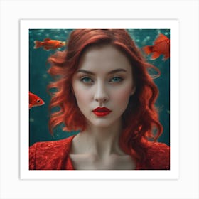 Red Haired Girl With Fish Art Print