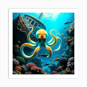 Octopus And Ship Wreck Art Print