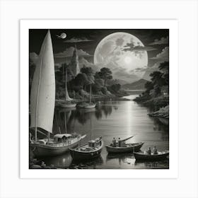 Moonlight Sailboats Art Print