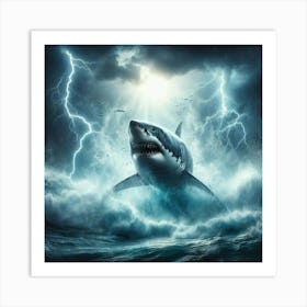 A Gigantic Great White Shark Leaps From the Stormy Sea With Lightning Crashing All Around Art Print