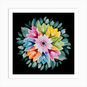 A Watercolor Painting Of Colorful Flowers And Le (5) (1) Art Print