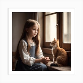 Little Girl And Cat Art Print