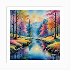 Luminous Nature: The Surreal Mountain Stream Autumn River Art Print