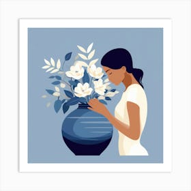Woman Holds A Vase Of Flowers Art Print
