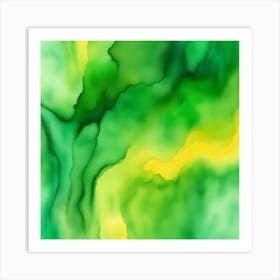 Beautiful green yellow abstract background. Drawn, hand-painted aquarelle. Wet watercolor pattern. Artistic background with copy space for design. Vivid web banner. Liquid, flow, fluid effect. Art Print