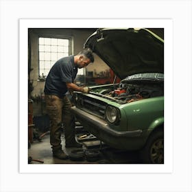 Mechanic Fixing A Car Art Print