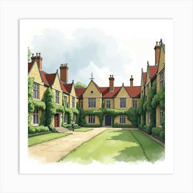 A Historic English University Campus With Ivy Covered Buildings, Watercolor Style 1 Art Print